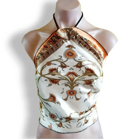 Metallic cream, orange + gold scarf top, black exposed hem trim + rope neck ties - Picture 1 of 4